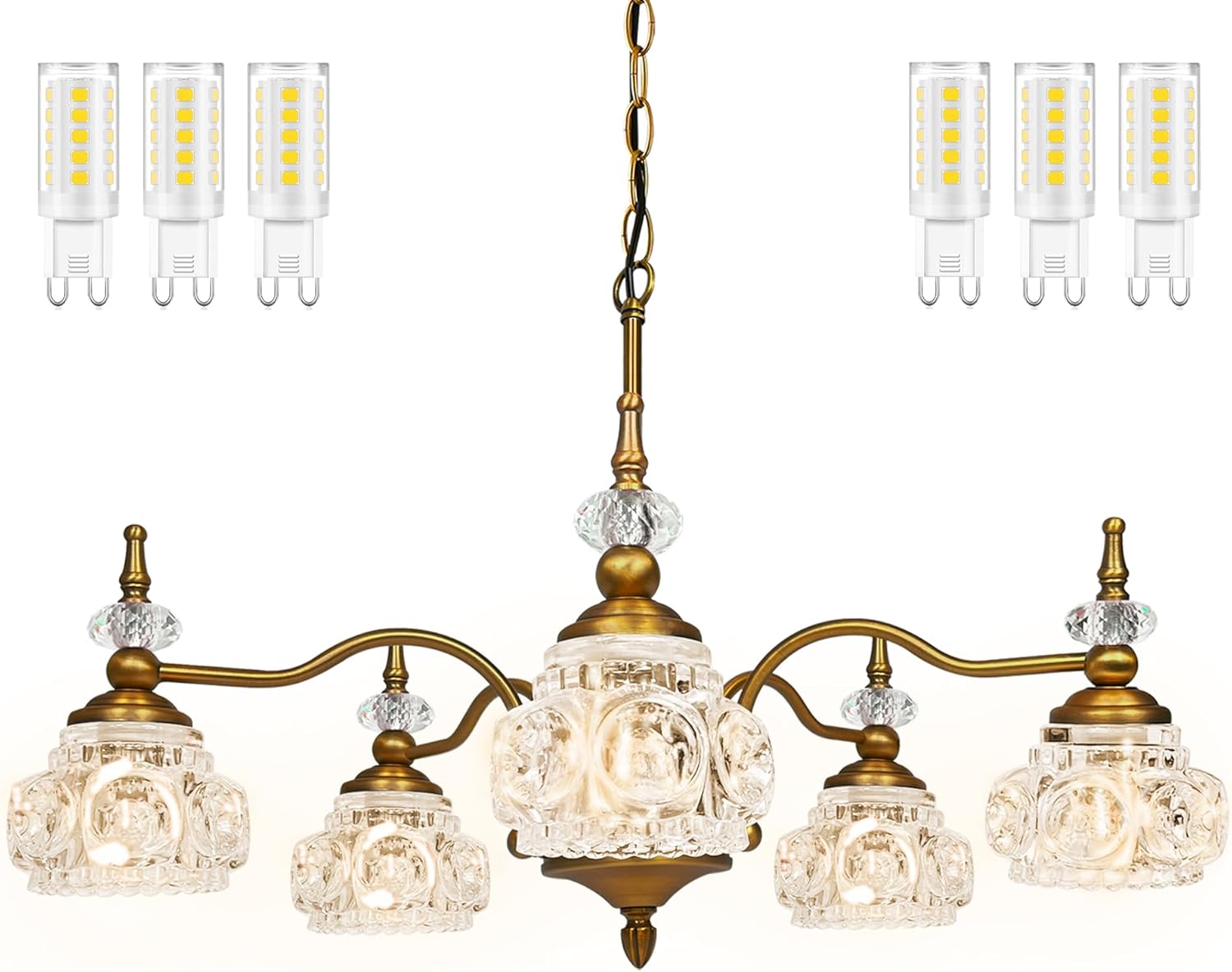 Chandelier with crystal shades and G9 LED bulbs on a white background