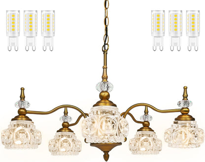 Chandelier with crystal shades and G9 LED bulbs on a white background