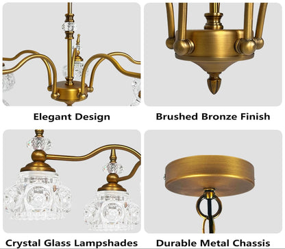 Chandelier with text highlighting 'Premium Quality', 'Elegant Design', 'Brushed Bronze Finish', 'Crystal Glass Lampshades', and 'Durable Metal Chassis'.