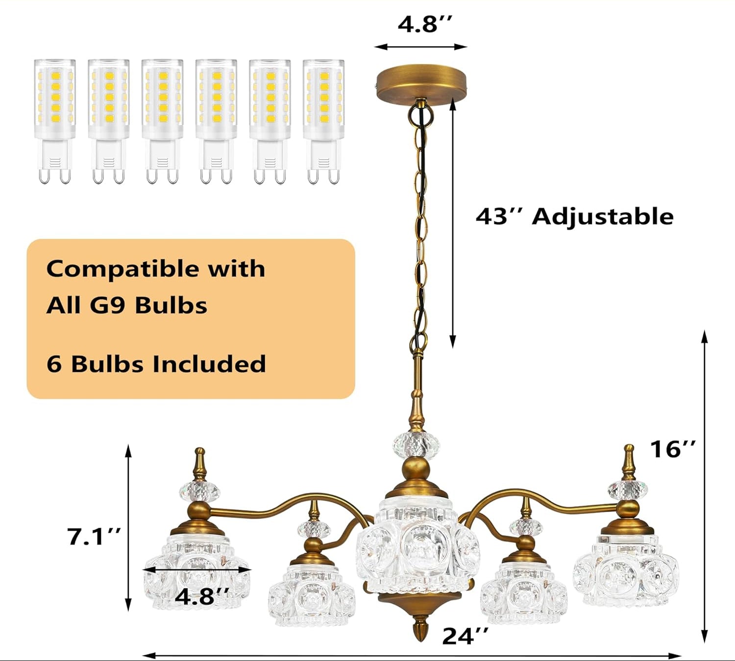 Chandelier with dimensions and bulb compatibility details on a beige background