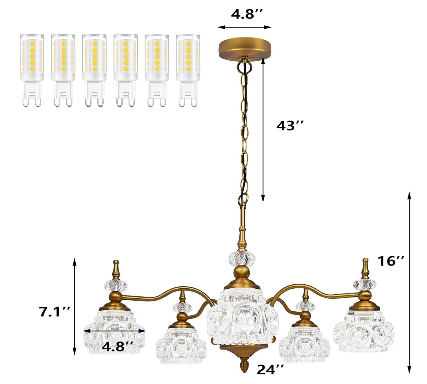 Chandelier with dimensions and bulb compatibility details on a beige background