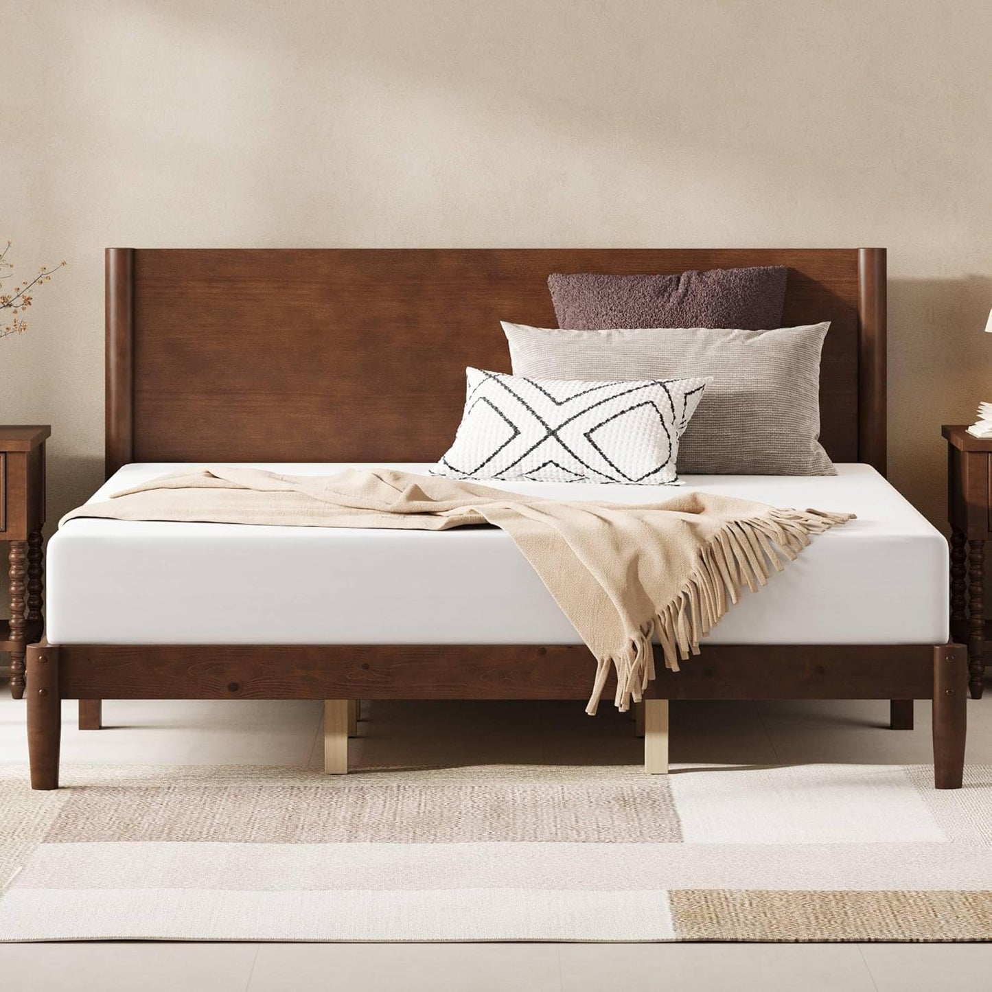 Solid Wood Full Panel Headboard Bed Frame
