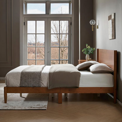 Bedroom with wooden bed and large window, featuring text 'Minimalist Design for a Timeless Look'.