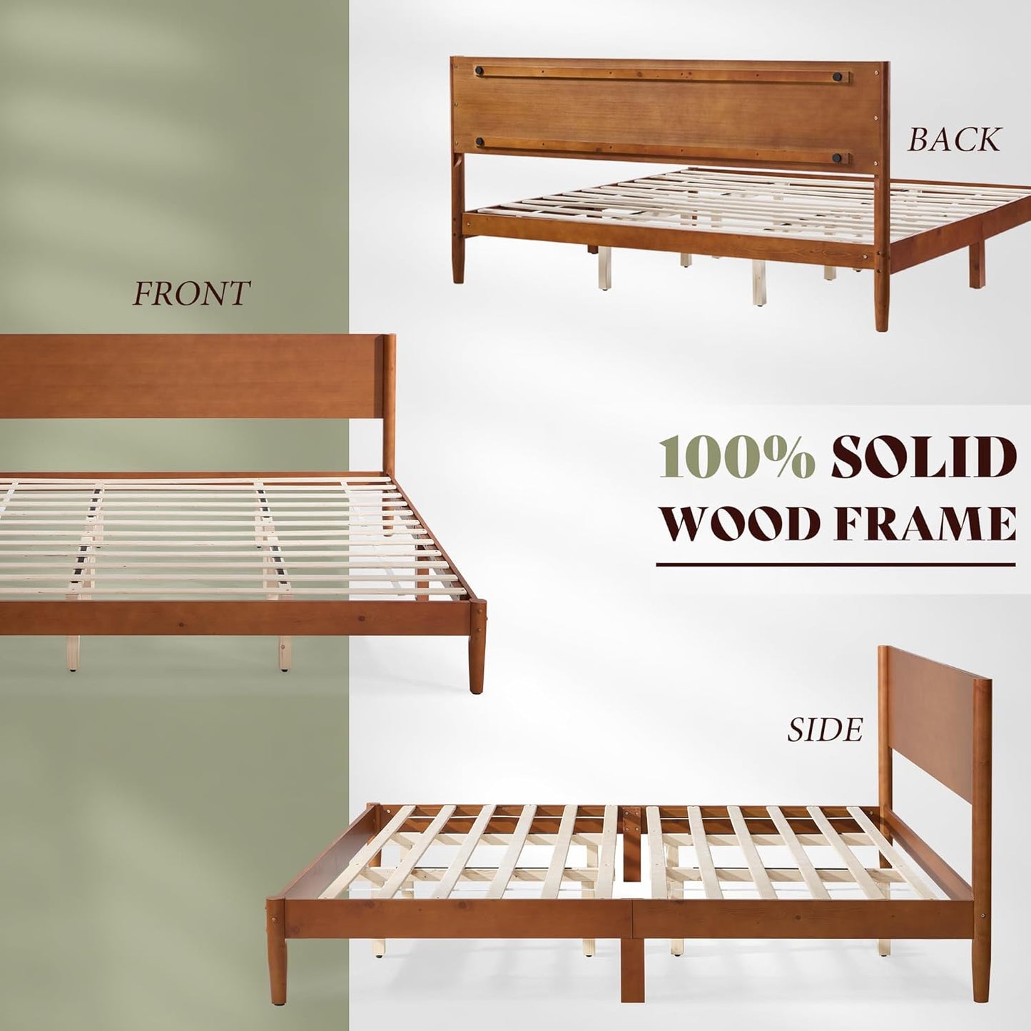 Solid Wood Full Panel Headboard Bed Frame