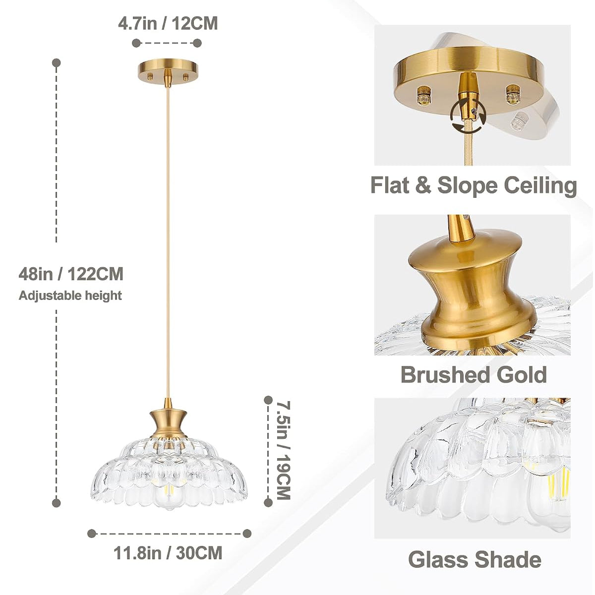 Size display graphic for an MGCANYU dome pendant light, showing dimensions of the light fixture, close-up views of a brushed gold ceiling canopy and shade, and text noting flat and slope ceiling installation and clear glass shade.