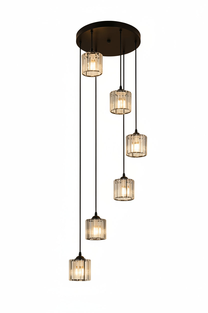 Modern pendant light with glass shades on a white background