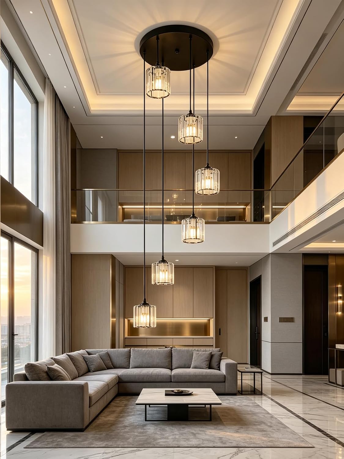 Modern living room with gray sectional sofa, coffee table, and pendant lights.
