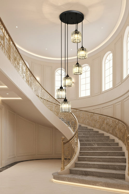 Modern staircase with decorative pendant lights and a wall feature.