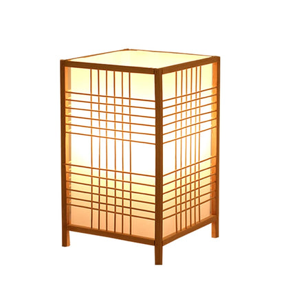 Square wooden lamp with grid design on a white background