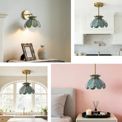 Collage of floral pendant lights in various settings including a kitchen, bedroom, and living room.