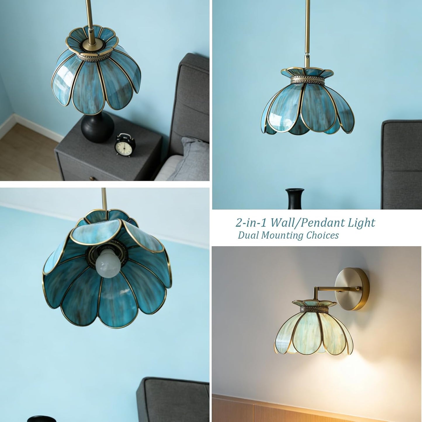 Floral-patterned pendant light with wall mount option in a bedroom setting.