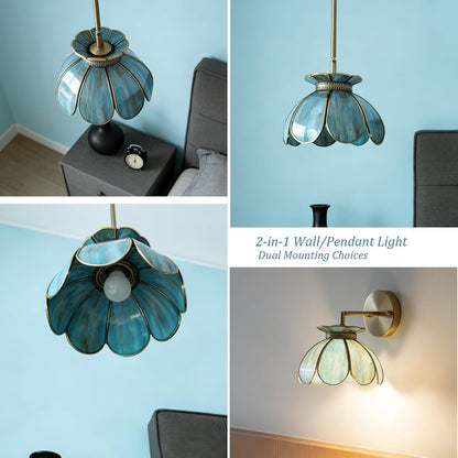 Floral-patterned pendant light with wall mount option in a bedroom setting.