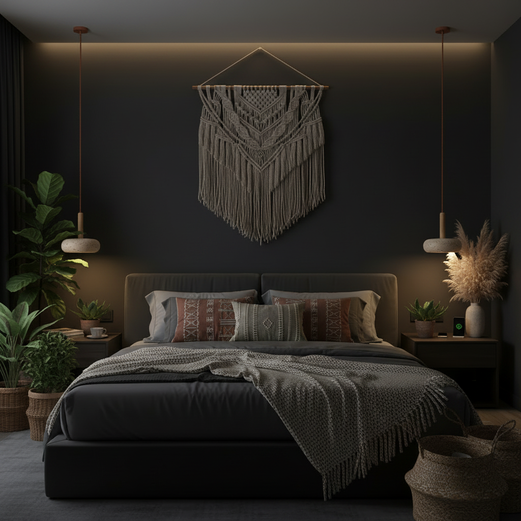 A dark modern bedroom featuring a bed dressed in charcoal bedding and patterned pillows, with a large woven macrame wall hanging centered on a dark charcoal wall. Pendant lights, plants, and warm ambient lighting create a cozy, stylish bohemian interior.
