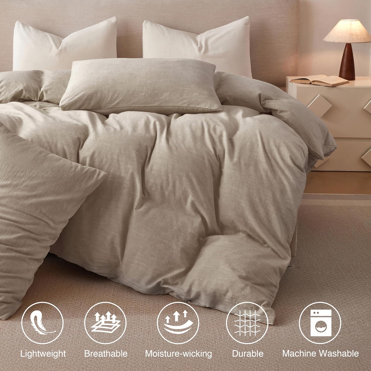 Beige bedding set on a bed with a nightstand in the background, featuring icons and text about bedding properties.