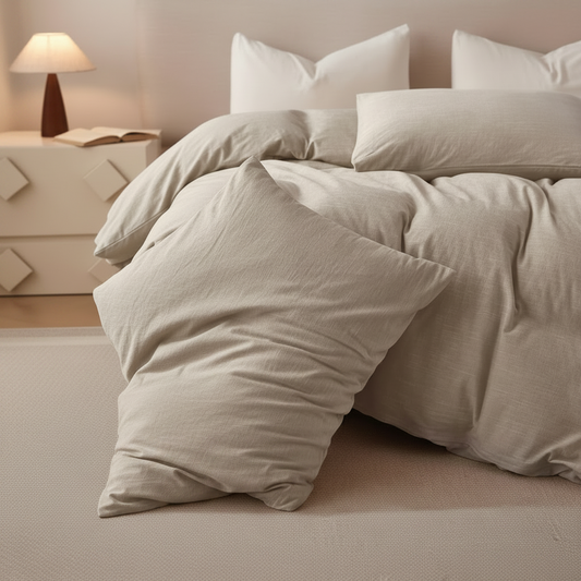 A bed dressed in light beige or oatmeal-colored bedding, including a duvet cover and multiple pillows, styled in a softly lit bedroom with a bedside lamp and nightstand.