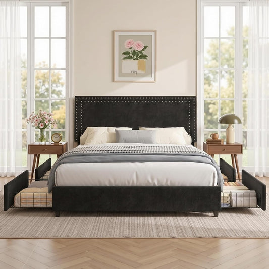 A black upholstered bed frame with a tall nailhead headboard and matching footboard, shown in a bright bedroom with white bedding, wooden nightstands, large windows, and a light rug.