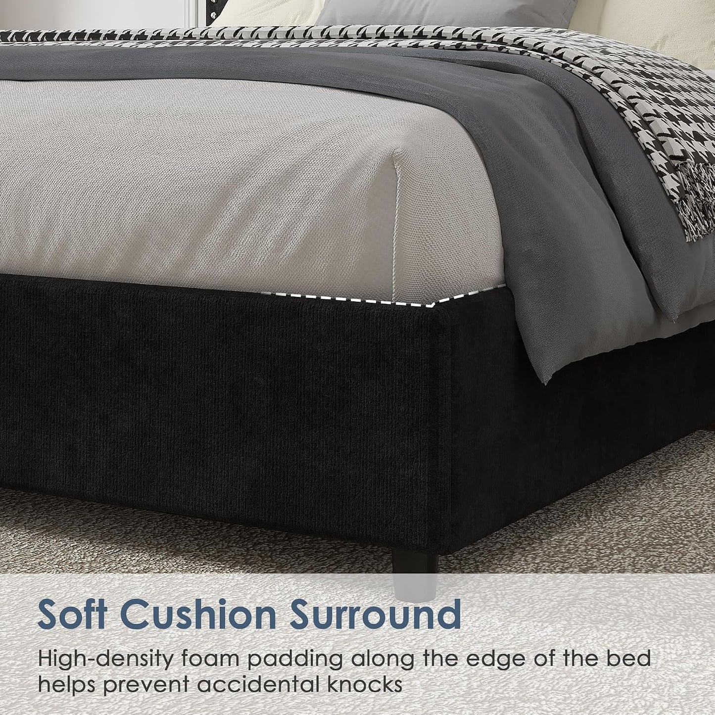 Close-up of a bed with a dark upholstered base and light gray bedding, with text at the bottom reading 'Soft Cushion Surround' and a descriptive feature callout.