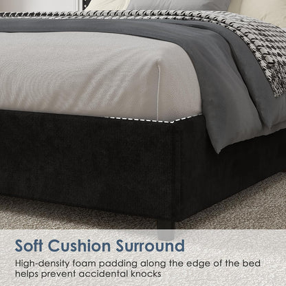 Close-up of a bed with a dark upholstered base and light gray bedding, with text at the bottom reading 'Soft Cushion Surround' and a descriptive feature callout.