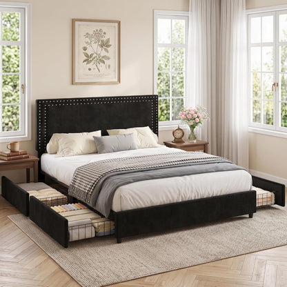A black upholstered platform bed with a tall nailhead headboard, dressed in white and gray bedding, shown in a bright bedroom with two pull-out storage drawers underneath. The room has beige walls, wood floors, and large windows with sheer curtains.