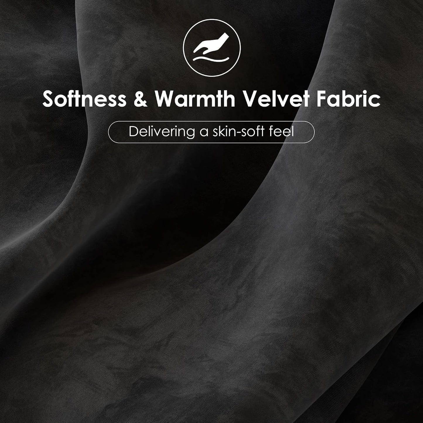 Dark charcoal gray velvet fabric draped in soft folds, with white text reading 'Softness & Warmth Velvet Fabric' and a small logo above, on a dark background.