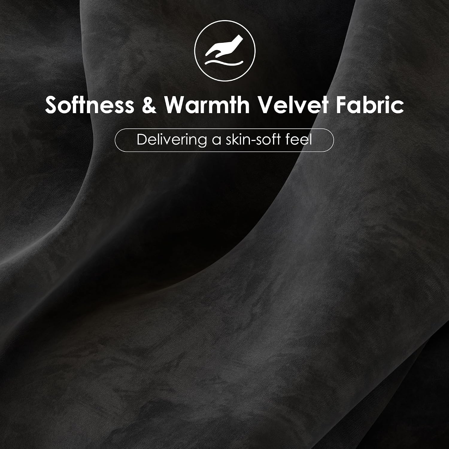 Dark charcoal gray velvet fabric draped in soft folds, with white text reading 'Softness & Warmth Velvet Fabric' and a small logo above, on a dark background.