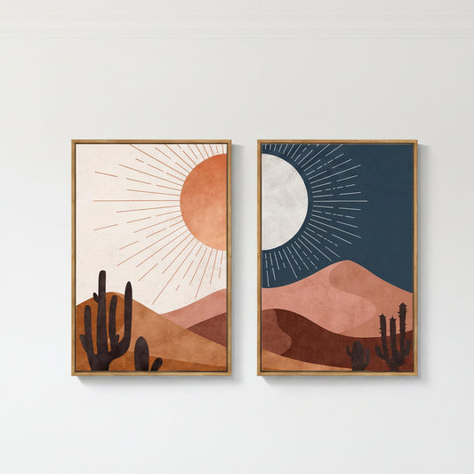 Two abstract landscape artworks with sun and cactus designs in wooden frames.