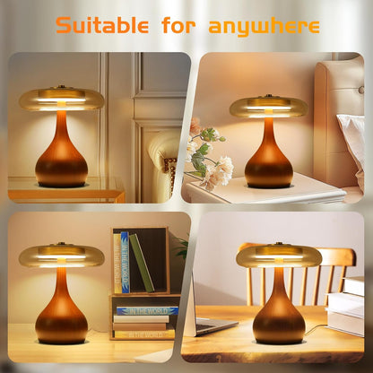 Table lamp shown in various settings including a bedroom, office, and living room.