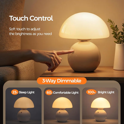 Table lamp with touch control and 3-way dimmable feature, shown with a hand adjusting the brightness.