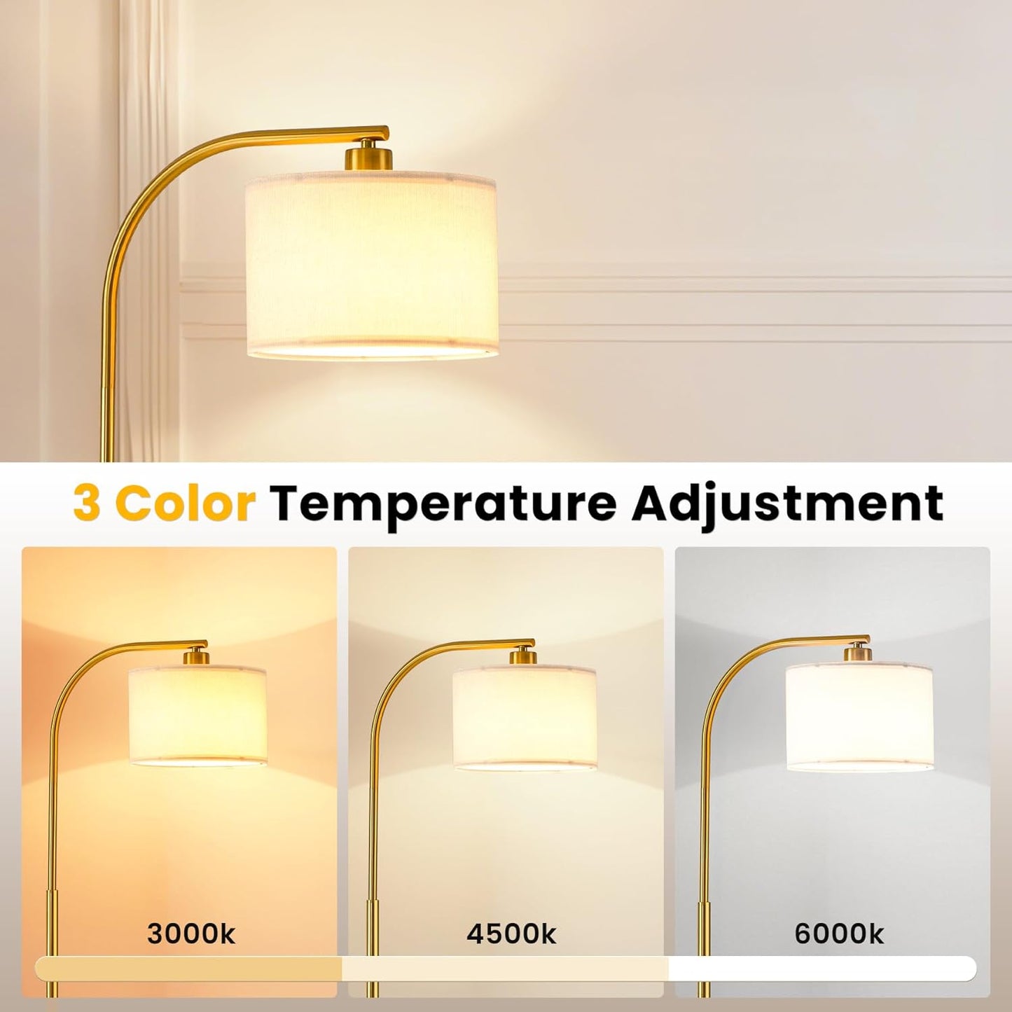 Floor lamp with 3 color temperature adjustment options displayed on a light gray background.