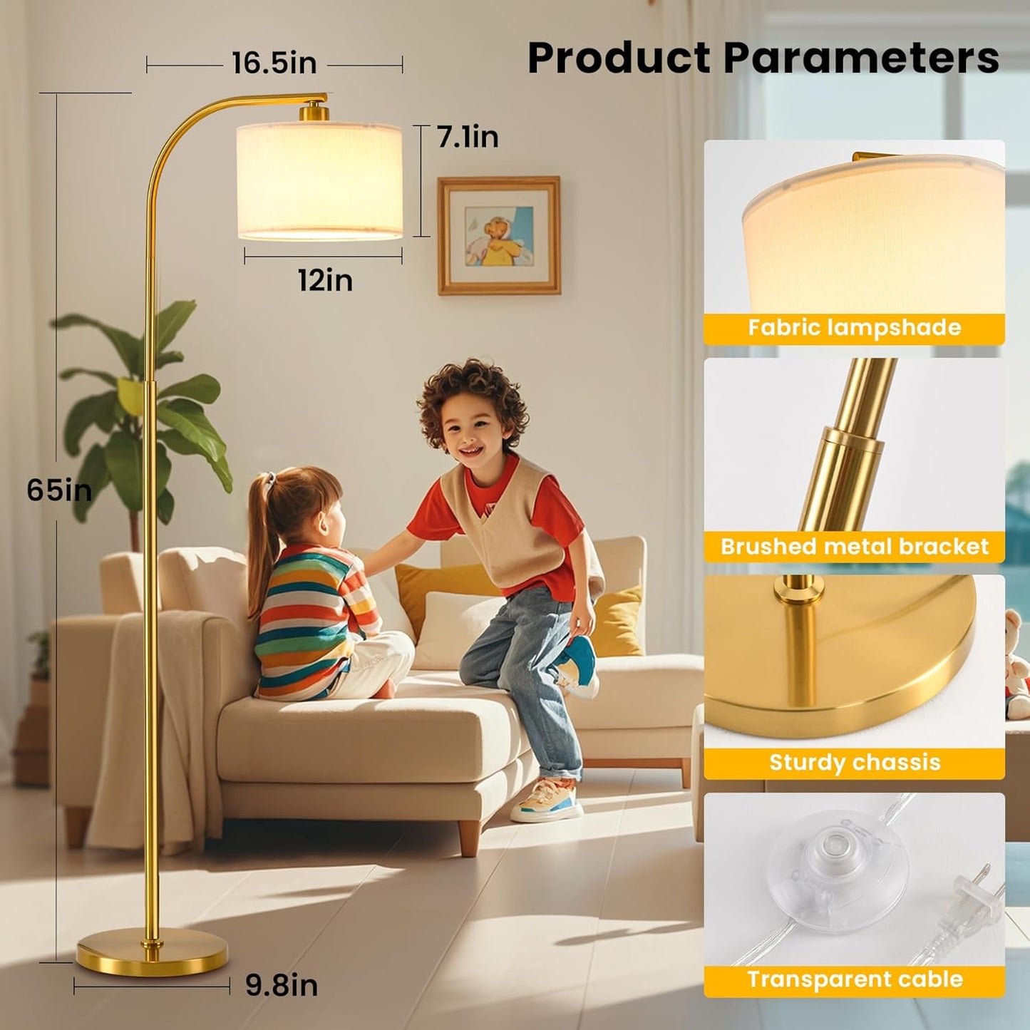 Gold floor lamp with measurements and product features displayed in a living room setting.