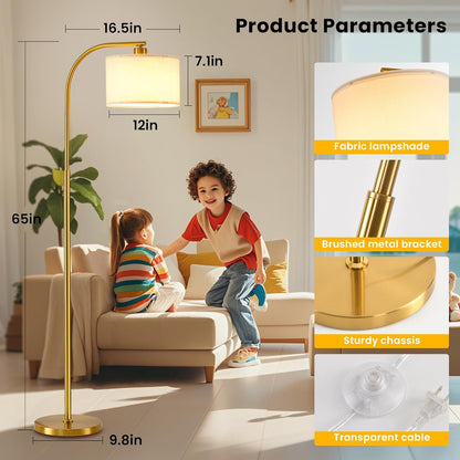 Gold floor lamp with measurements and product features displayed in a living room setting.