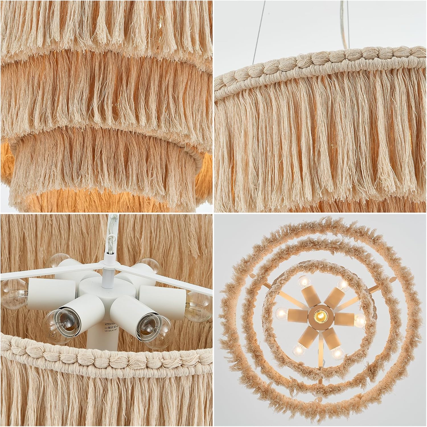 Collage of a decorative ceiling light fixture with fringed lampshade.