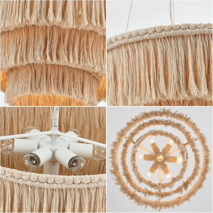 Collage of a decorative ceiling light fixture with fringed lampshade.