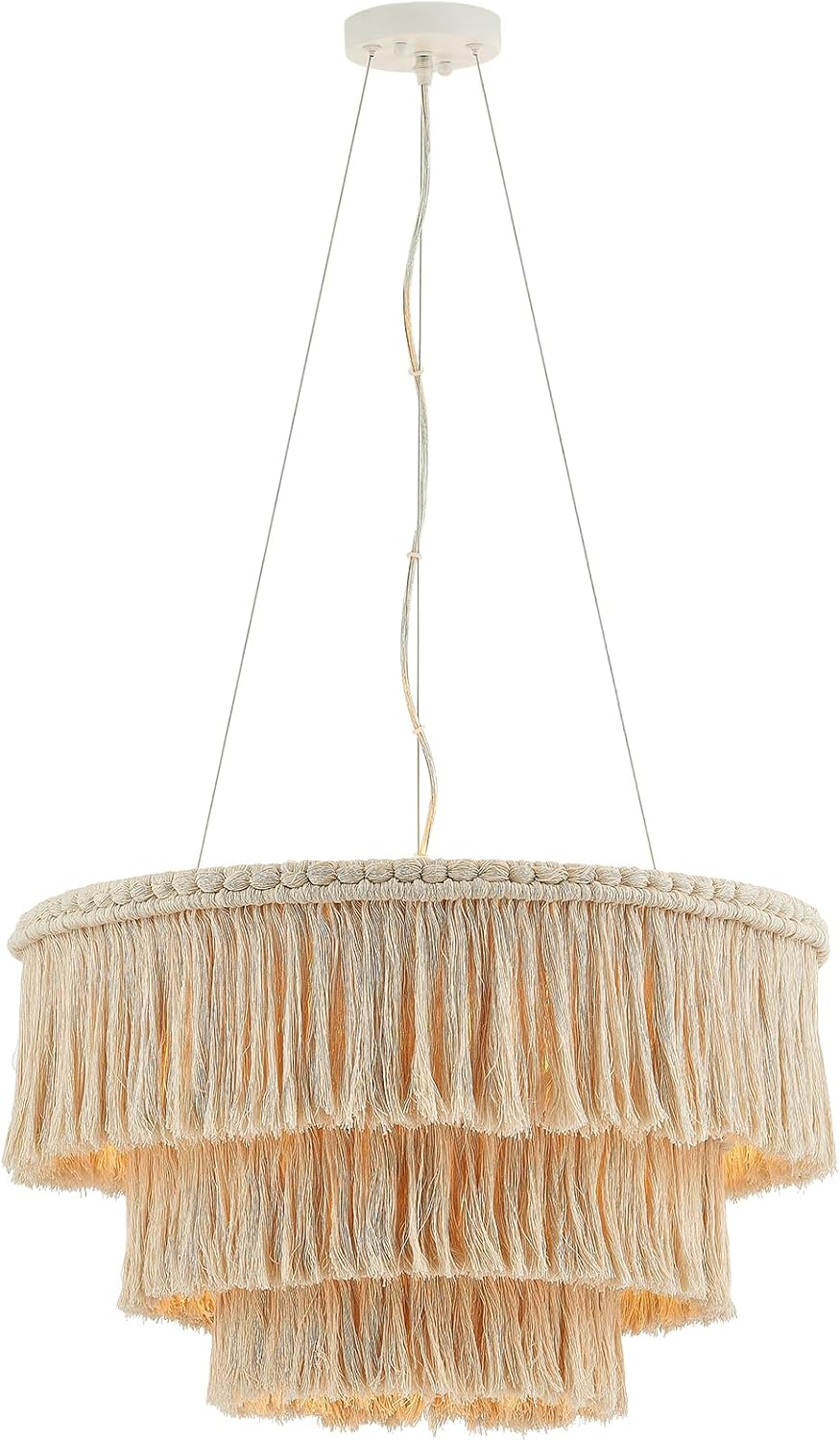 Three-tiered raffia pendant light on a white background