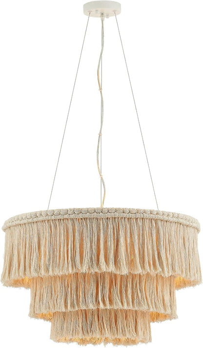 Three-tiered raffia pendant light on a white background