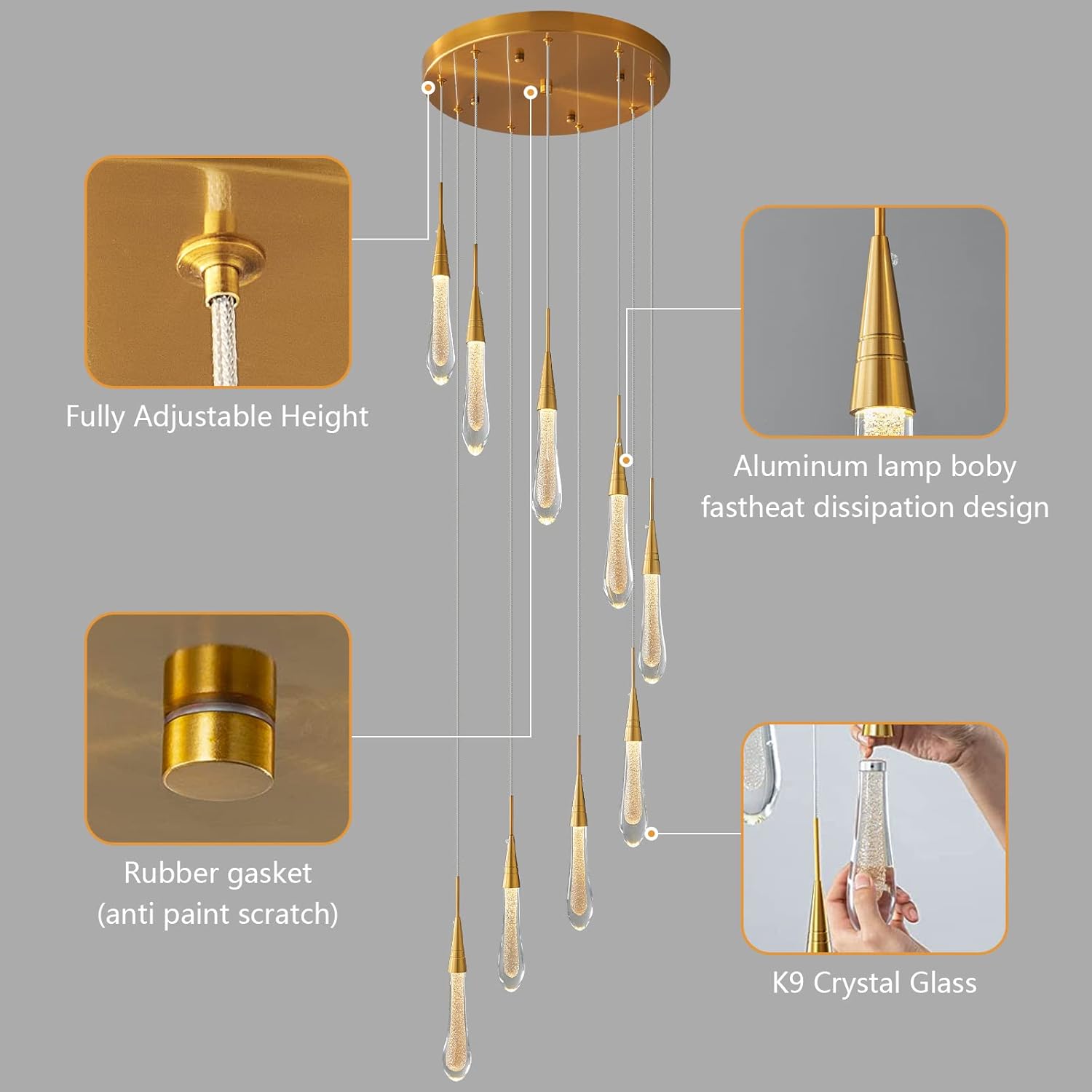 Gold pendant light fixture with features highlighted on a gray background