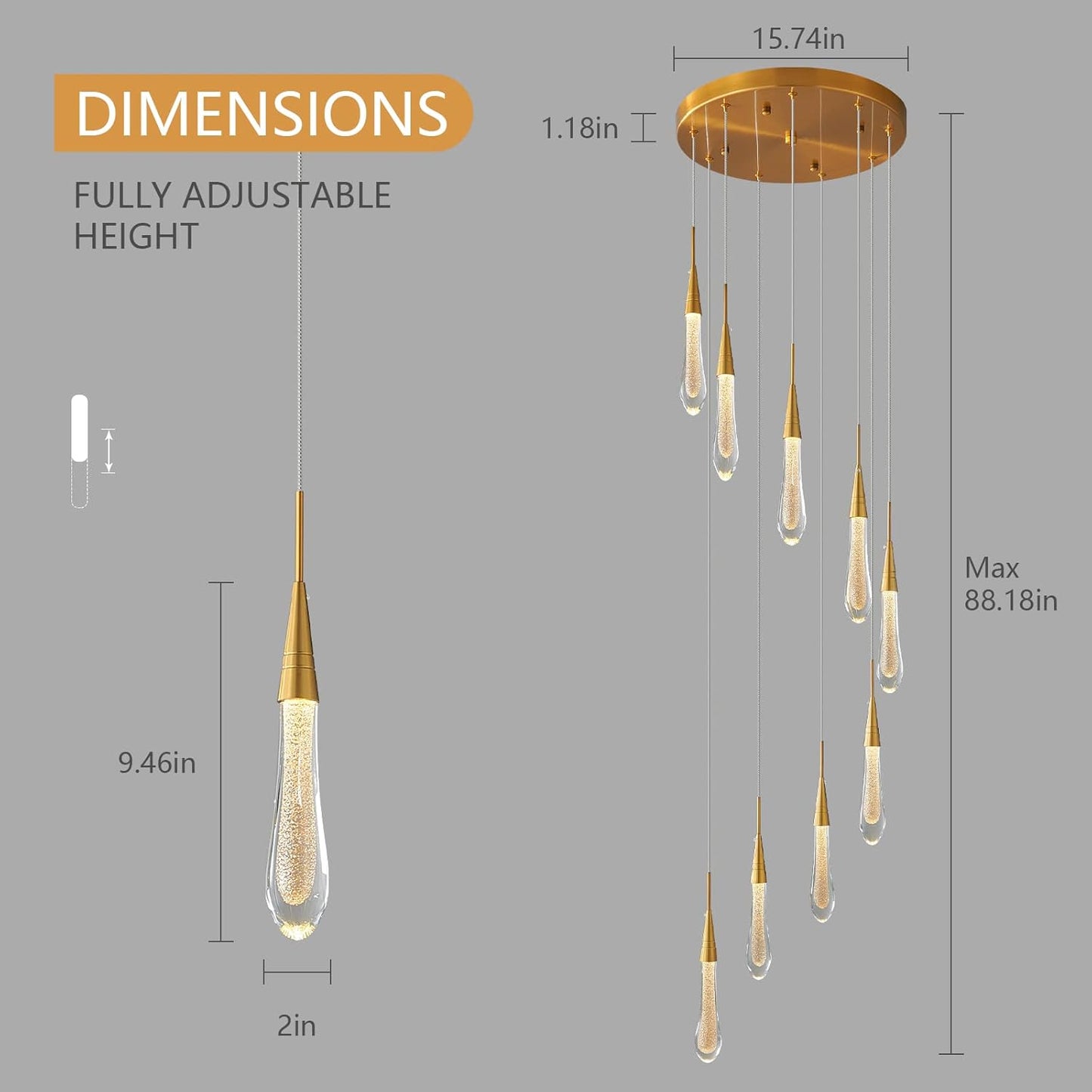 Chandelier with dimensions labeled on a gray background