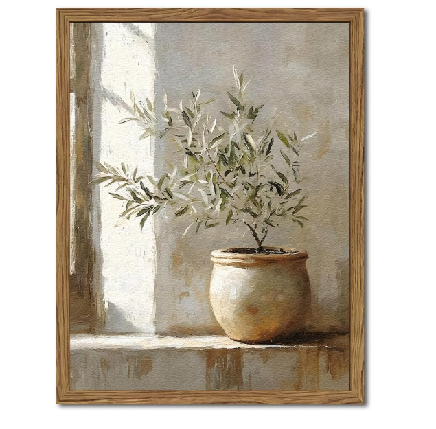Framed still life painting of an olive plant in a rustic beige pot, set against a softly lit window background with a natural wood frame.