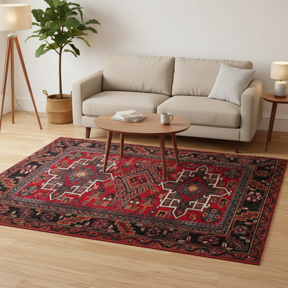 A red and black Persian-style area rug with intricate geometric patterns, styled in a living room setting on a light wood floor in front of a beige sofa.