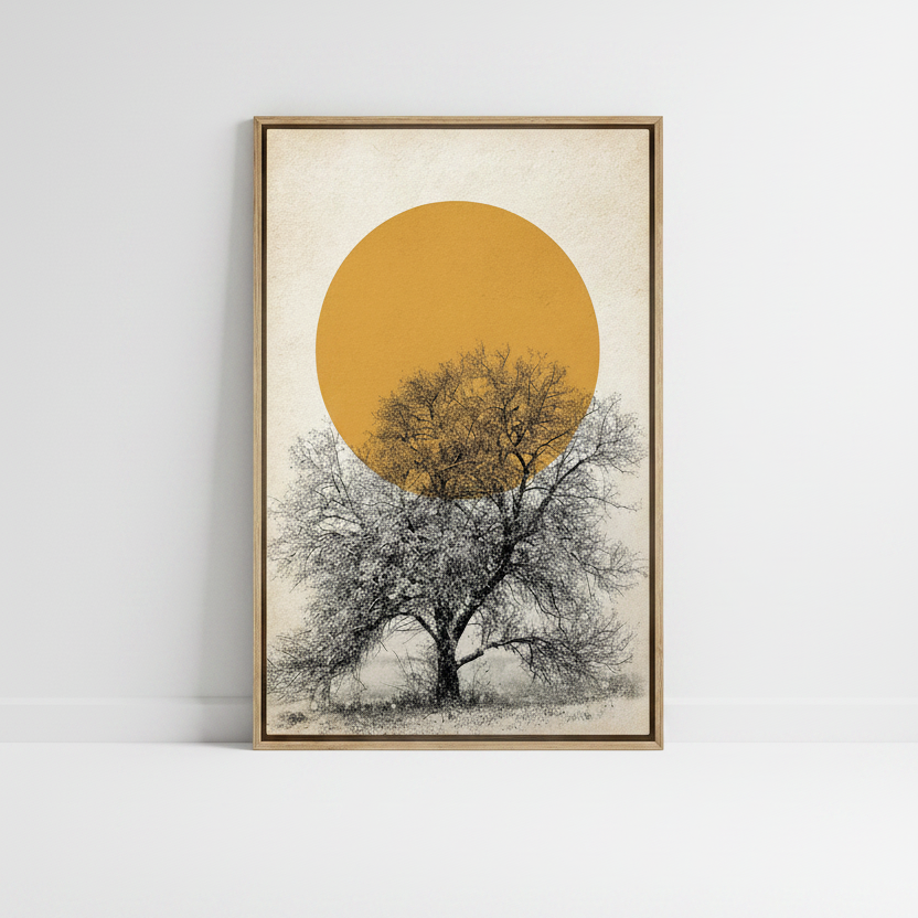 A framed minimalist art print featuring a large golden-yellow sun and a bare tree on a cream background, leaning against a white wall on a white floor.