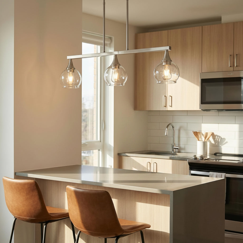 Woman sitting at a kitchen counter with modern pendant lights and a view of the city.