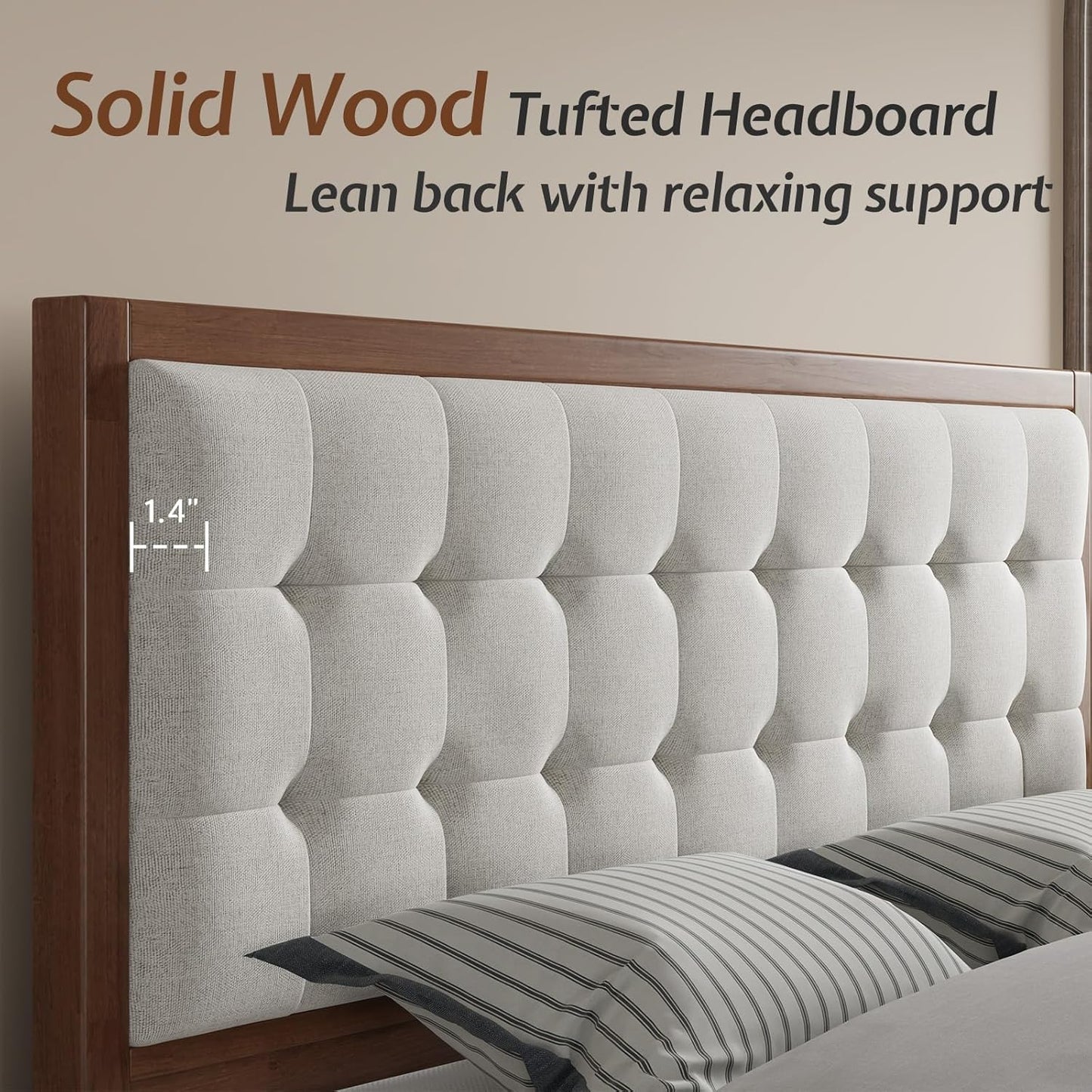 Full Sized Tufted Solid Wood Platform Bed Frame