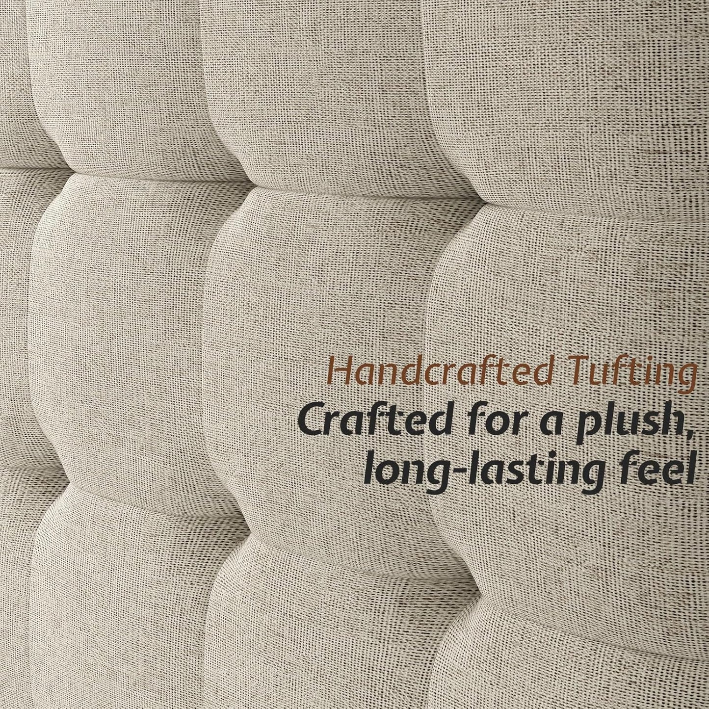 Close-up of a tufted fabric surface with text about handcrafted tufting.