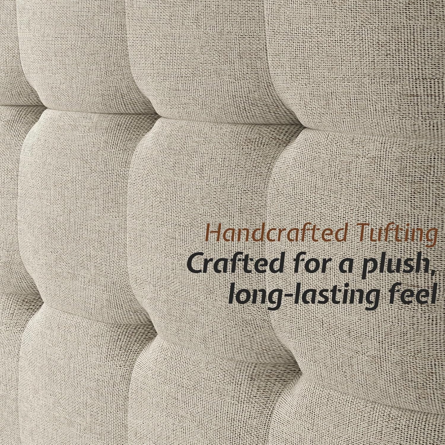 Close-up of a tufted fabric surface with text about handcrafted tufting.
