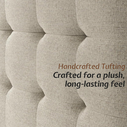 Close-up of a tufted fabric surface with text about handcrafted tufting.