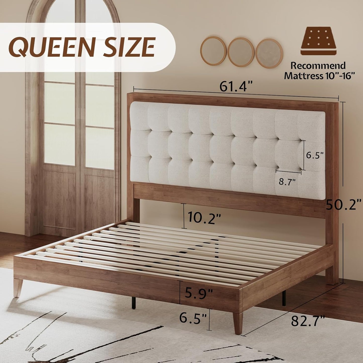 Full Sized Tufted Solid Wood Platform Bed Frame