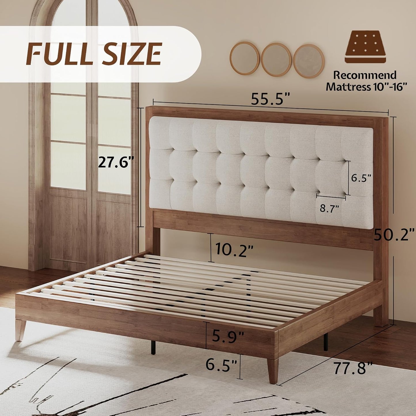 Full Sized Tufted Solid Wood Platform Bed Frame