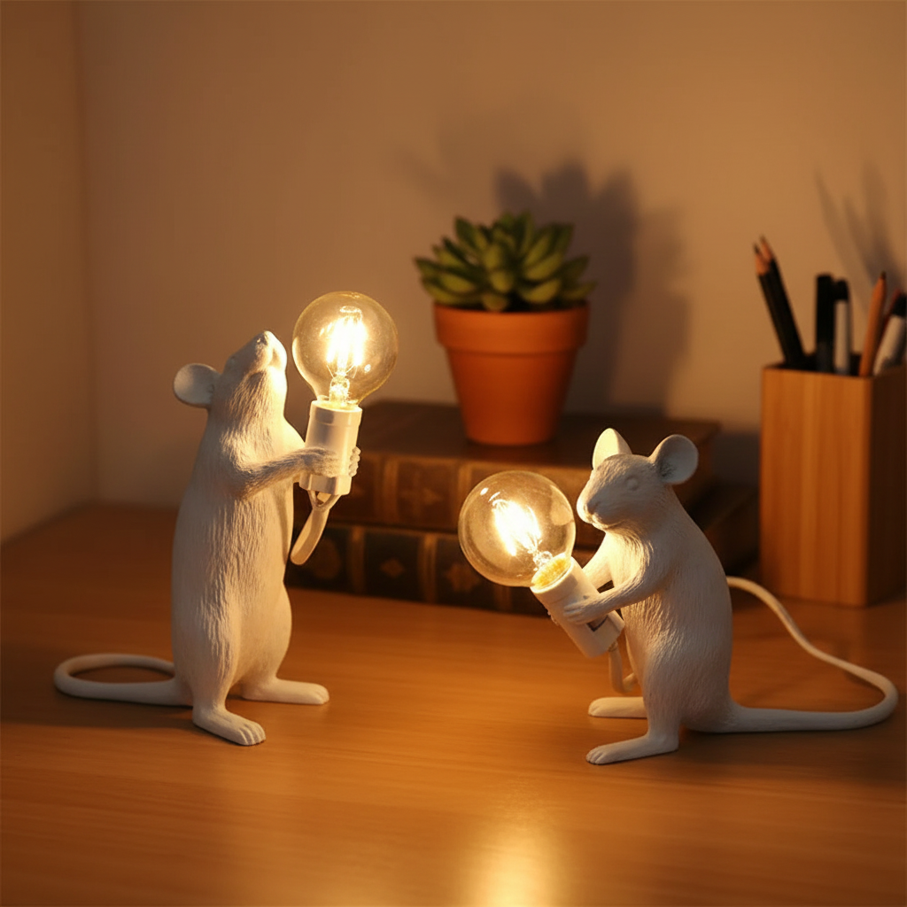 Two white mouse-shaped table lamps holding glowing light bulbs, placed on a wooden desk with books and a potted plant in the background.
