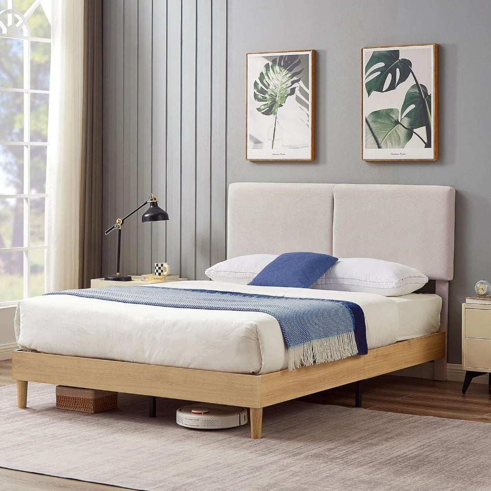 Upholstered Beige Height-Adjustable Bed Frame