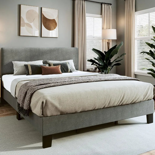 Decorstly Upholstered Light Grey Linen Fabric Mid Century Bed Frame for Bedroom Decor